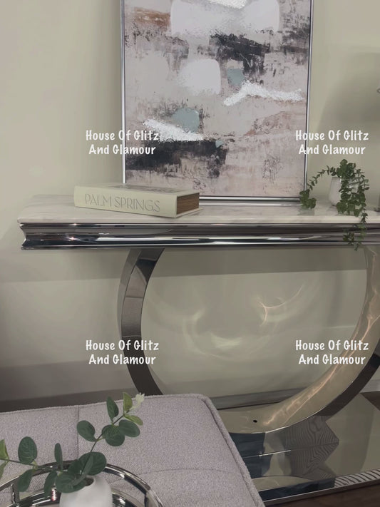 Arianna Ivory Smoke med & Grey Marble & Stainless Steel Circular Base Console Table 140cm x 40cm x 86cm