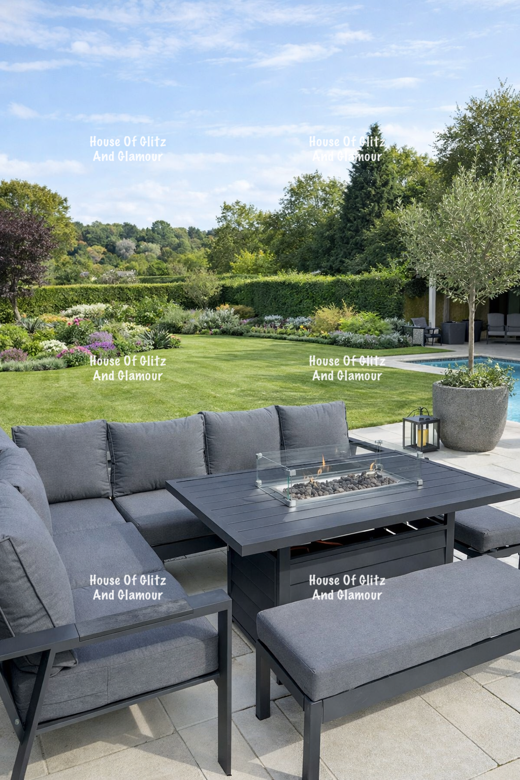 Dakota Grey Aluminium 10 Seater Corner Fire Pit Dining Set