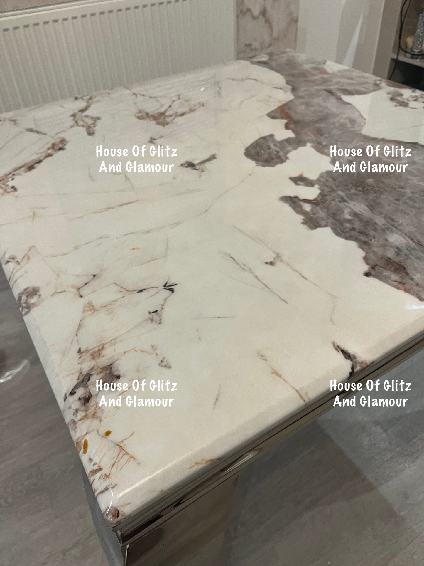 Louis Cream Pandora Marble Dining Table With Chrome Legs + 4 Cream Lou Lou Dining Chairs