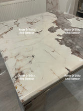 Load image into Gallery viewer, Louis Cream Pandora Marble Dining Table With Chrome Legs + 4 Silver Valentina Dining Chairs