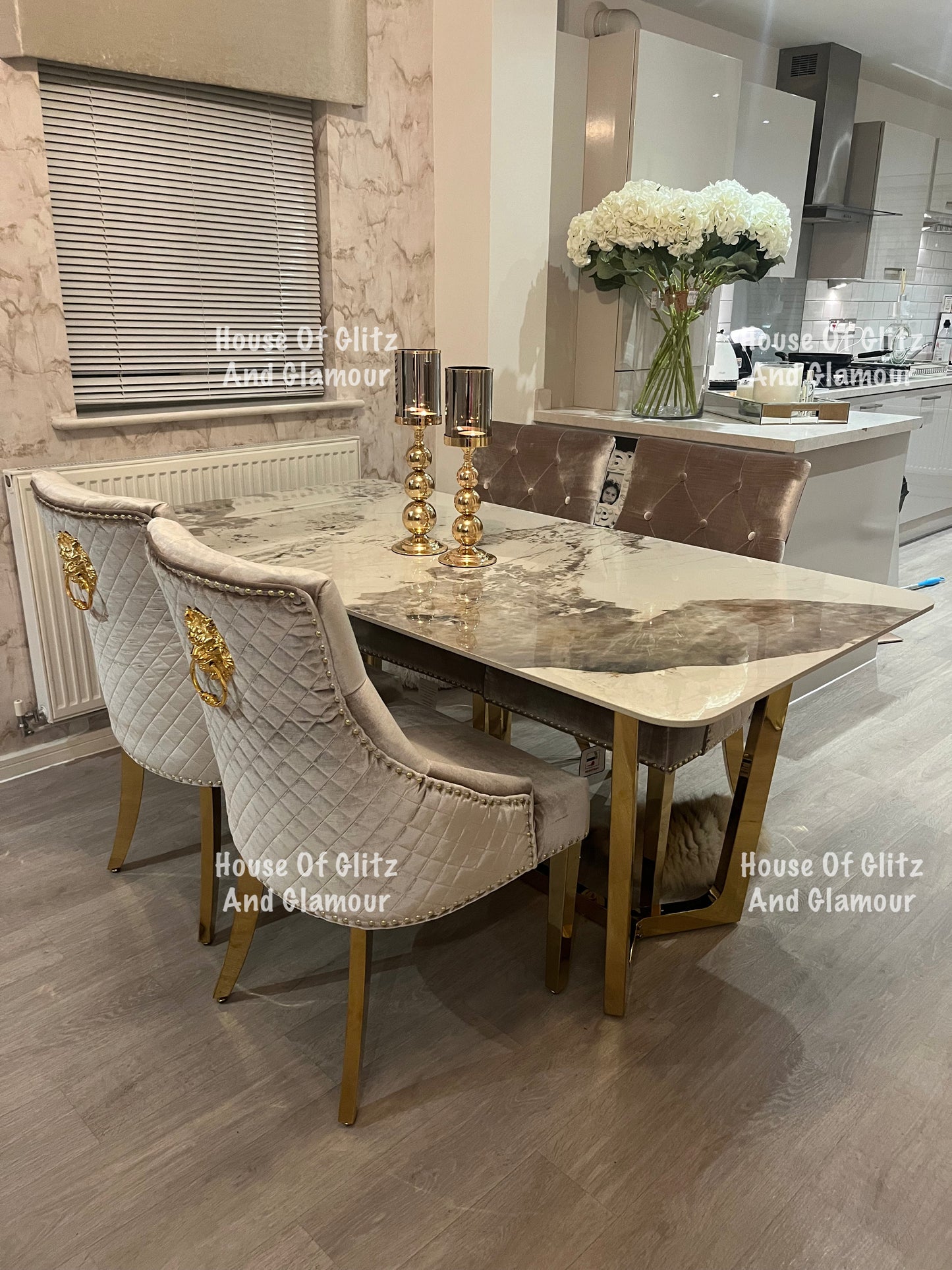 1.8 Dining Table + 4 Chelsea Champagne With Gold Legs Quilted Velvet Lion Head Knocker Back Dining Chairs