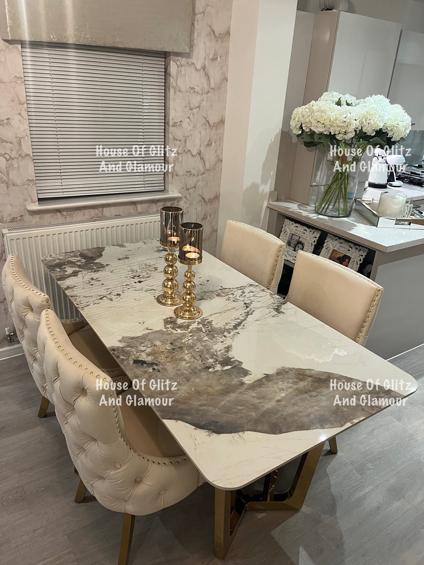 1.8 Pandora Dining Table + 4 Bentley Cream Velvet Studded Back Gold Leg Dining Chairs