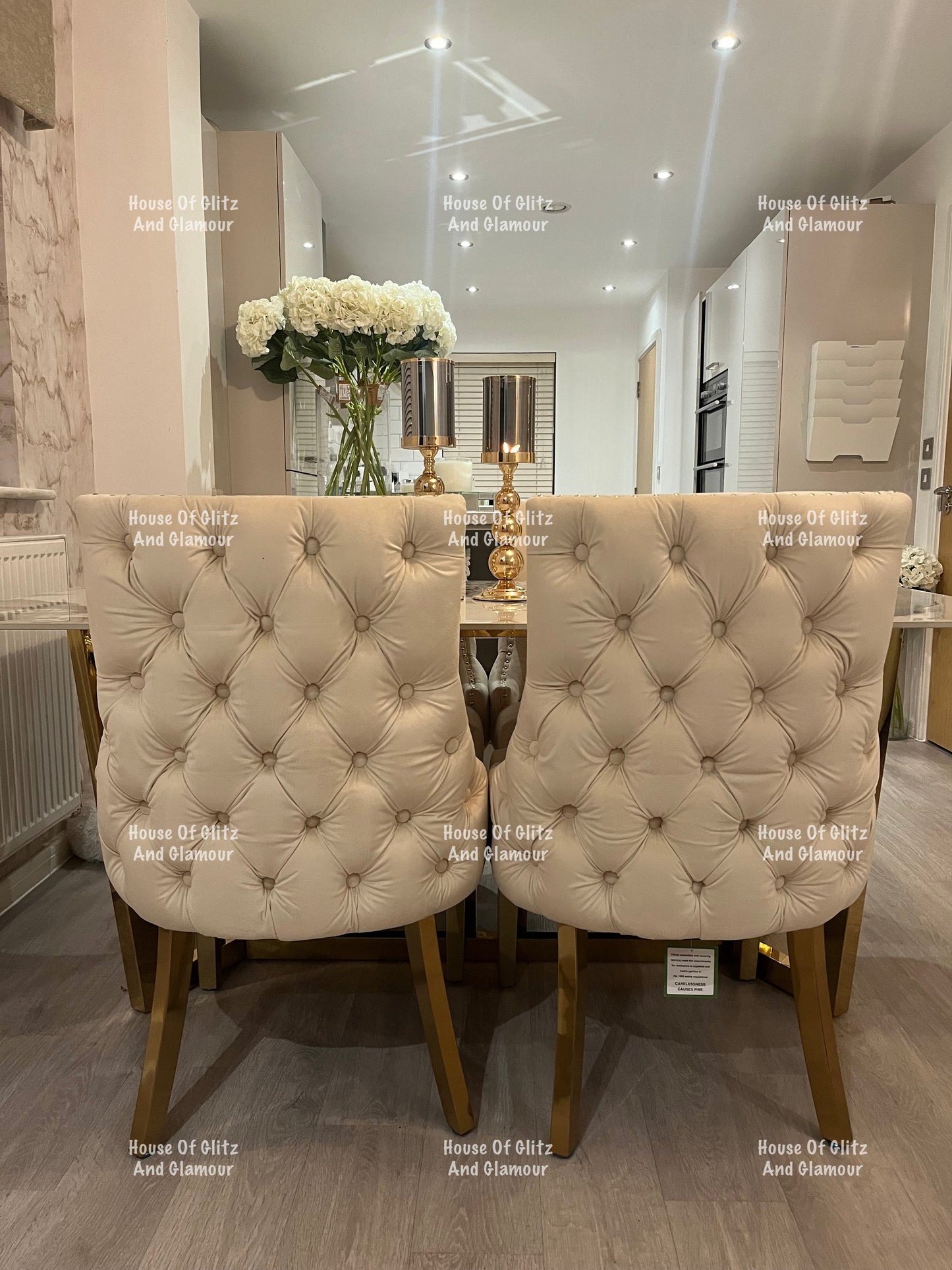 1.8 Pandora Dining Table + 4 Bentley Cream Velvet Studded Back Gold Leg Dining Chairs
