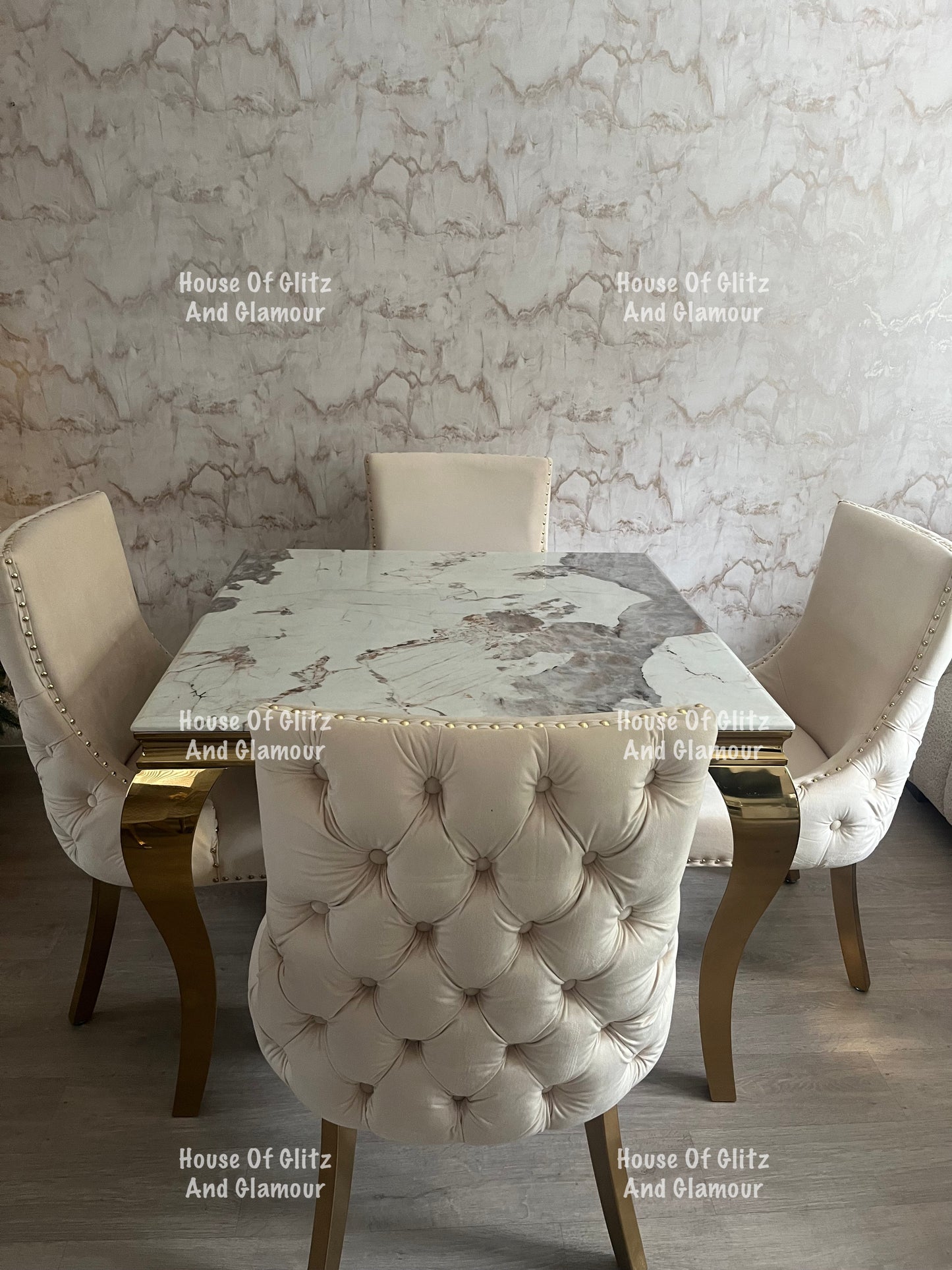 1m Pandora Dining Table + 4 Bentley Cream Velvet Studded Back Gold Leg Dining Chairs