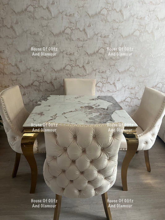 1m Pandora Dining Table + 4 Bentley Cream Velvet Studded Back Gold Leg Dining Chairs