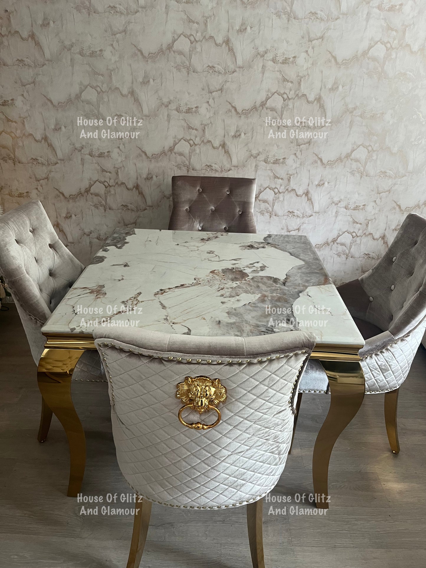 1m Dining Table + 4 Chelsea Champagne With Gold Legs Quilted Velvet Lion Head Knocker Back Dining Chairs
