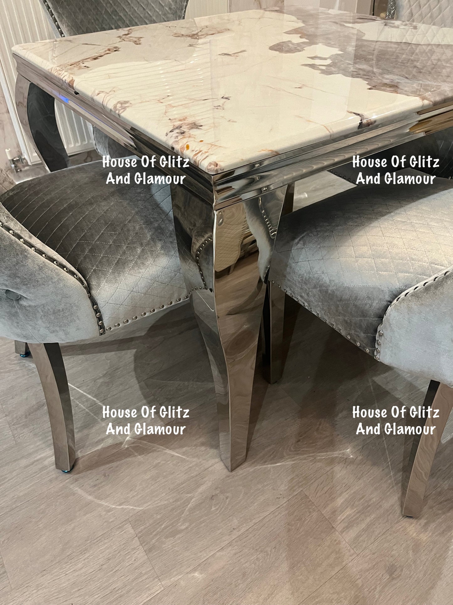 Louis Cream Dining Table With Chrome Legs And Pandora Marble Top