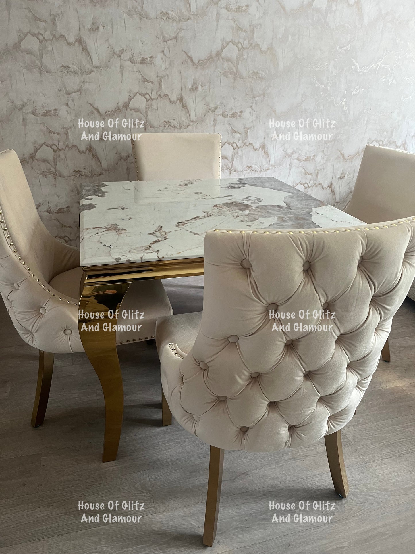 1m Pandora Dining Table + 4 Bentley Cream Velvet Studded Back Gold Leg Dining Chairs