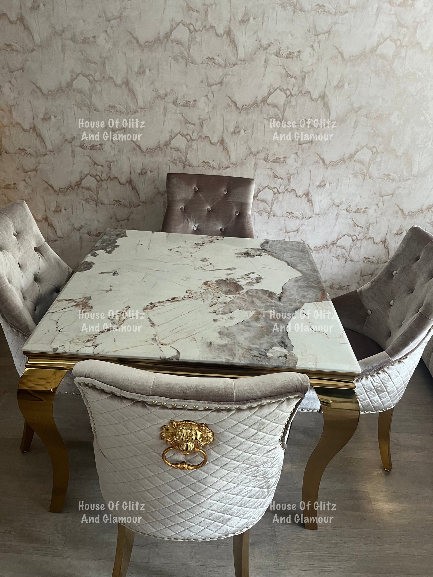 1m Dining Table + 4 Chelsea Champagne With Gold Legs Quilted Velvet Lion Head Knocker Back Dining Chairs