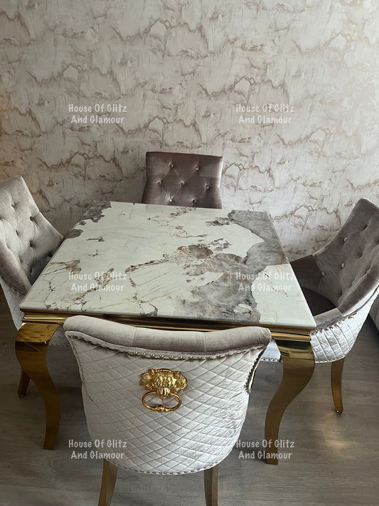1m Dining Table + 4 Chelsea Champagne With Gold Legs Quilted Velvet Lion Head Knocker Back Dining Chairs