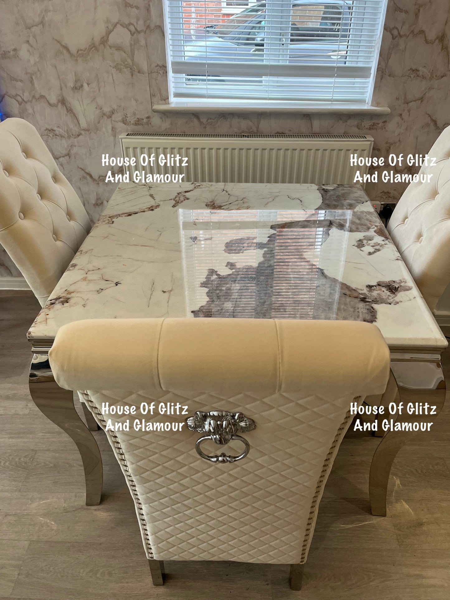Louis Cream Pandora Marble Dining Table With Chrome Legs + 4 Cream Lou Lou Dining Chairs