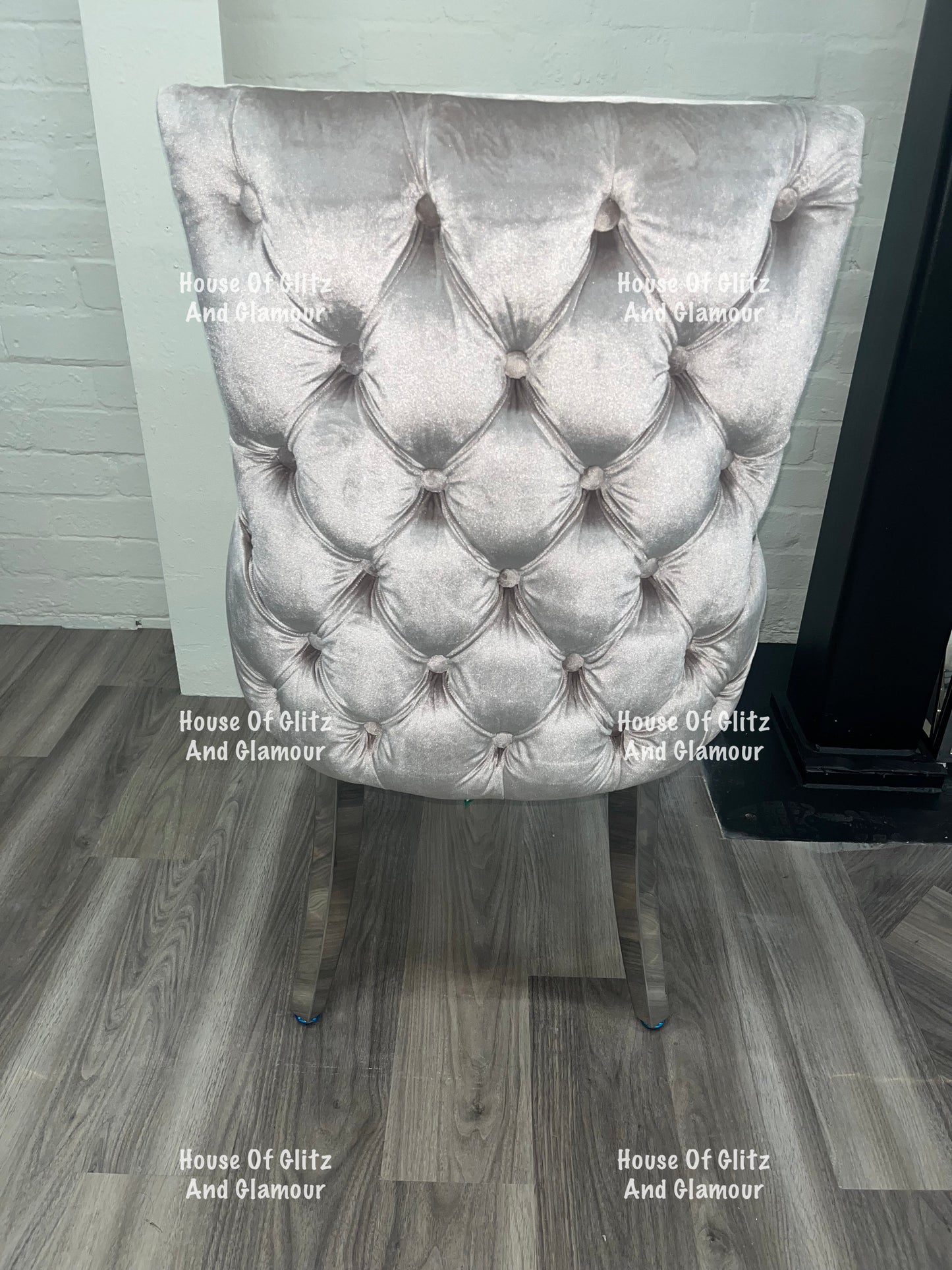 Bentley Champagne Velvet Studded Back Chrome Leg Dining Chair