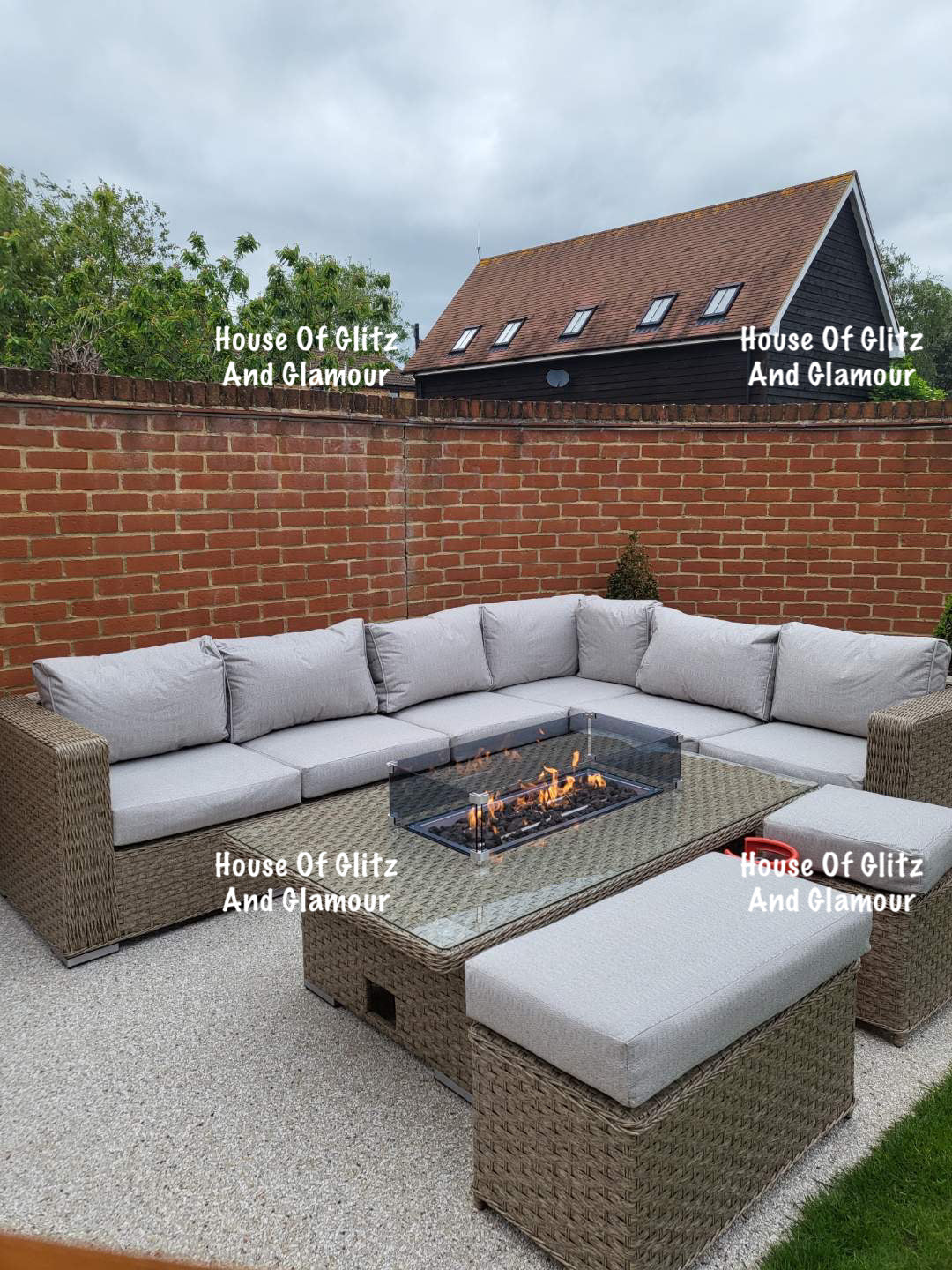 JAMAICA CORNER RISING DINING SET WITH FIRE PIT (NATURAL)