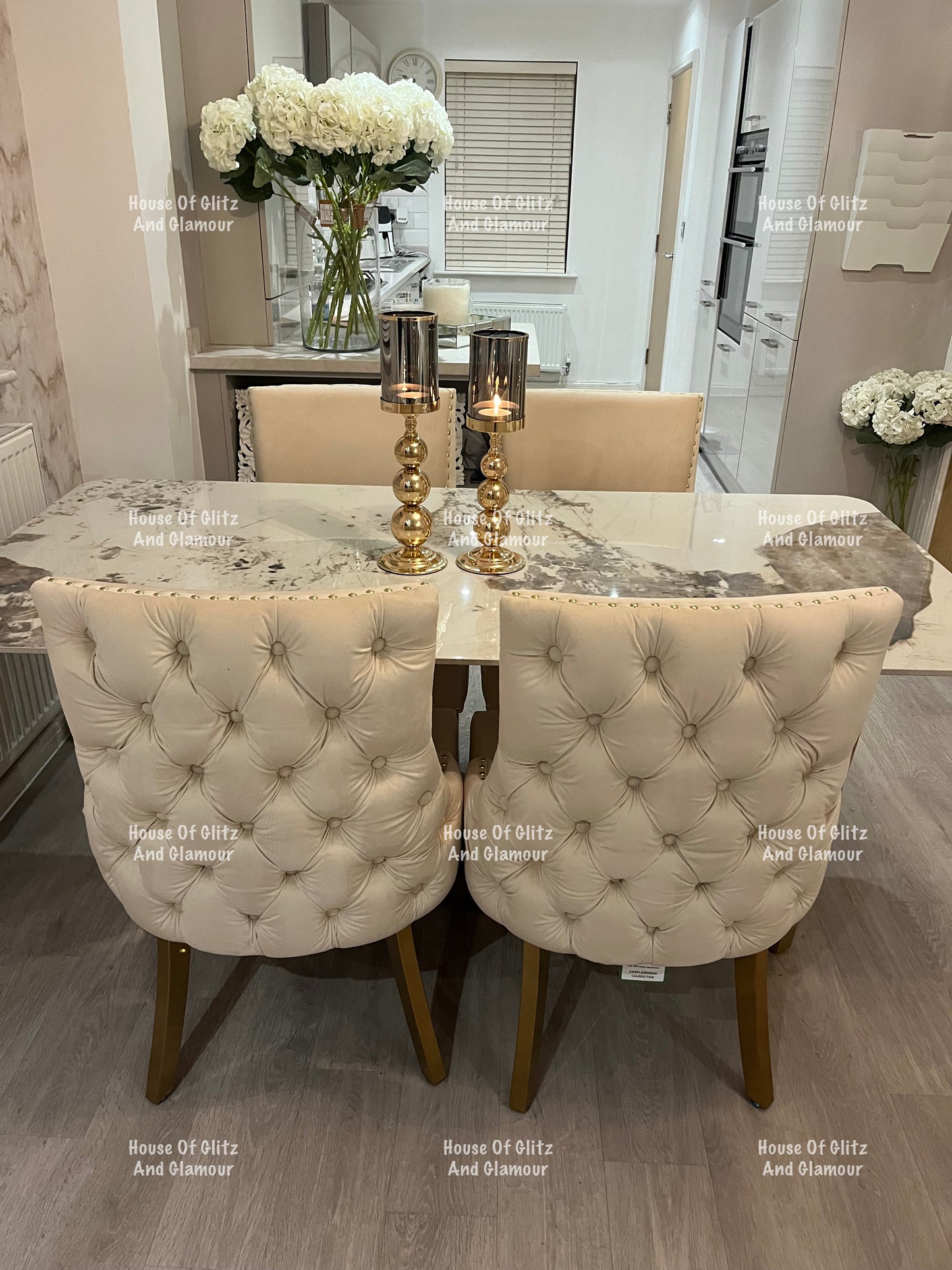 1.8 Pandora Dining Table + 4 Bentley Cream Velvet Studded Back Gold Leg Dining Chairs
