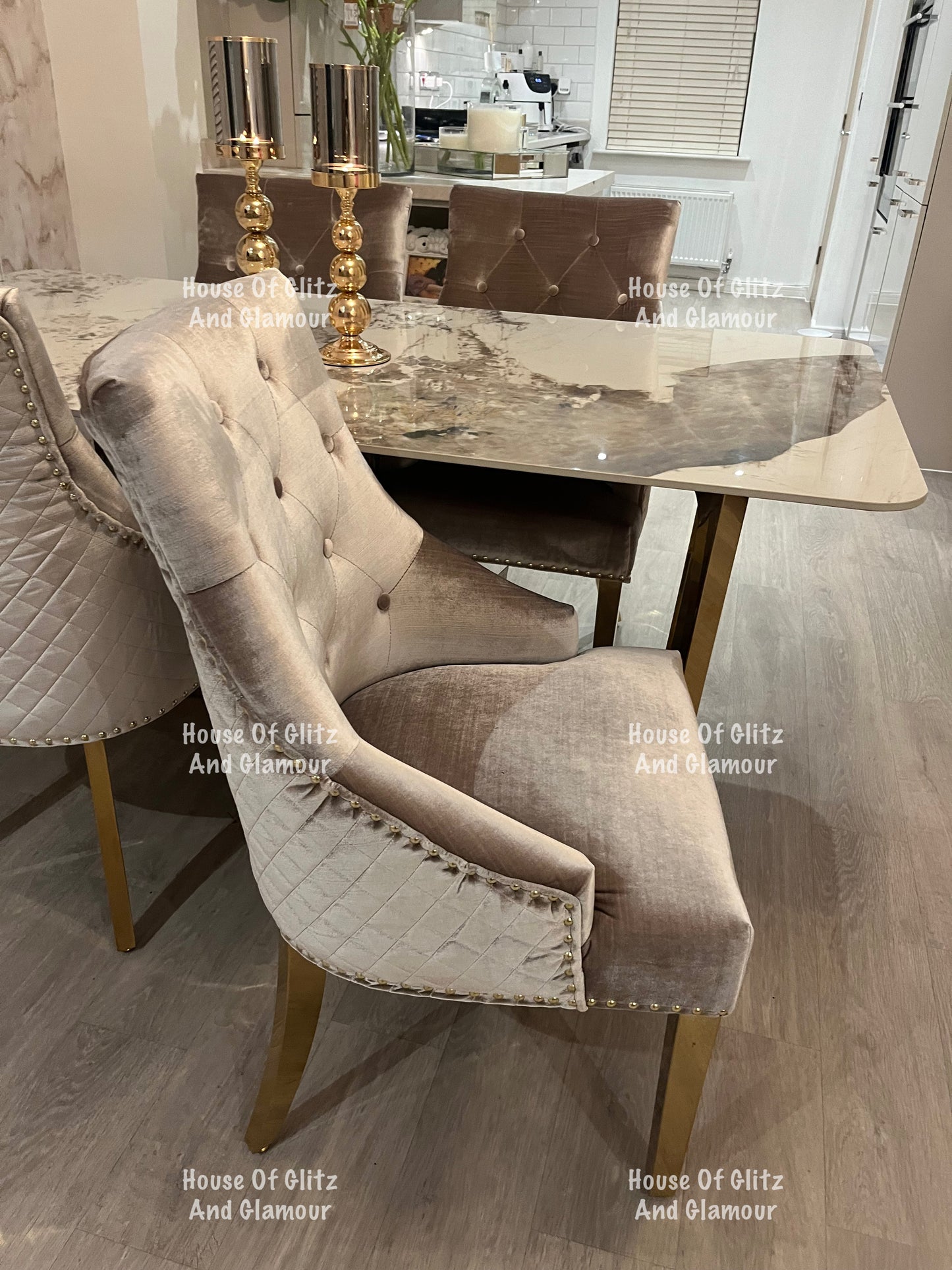 1.8 Dining Table + 4 Chelsea Champagne With Gold Legs Quilted Velvet Lion Head Knocker Back Dining Chairs