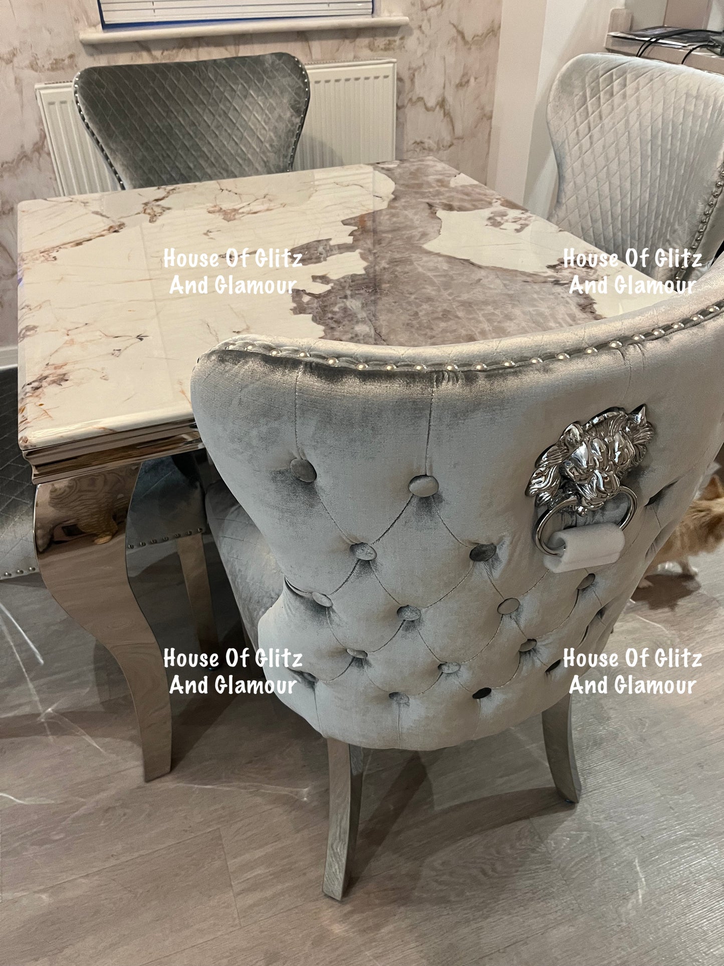 Louis Cream Pandora Marble Dining Table With Chrome Legs + 4 Silver Valentina Dining Chairs