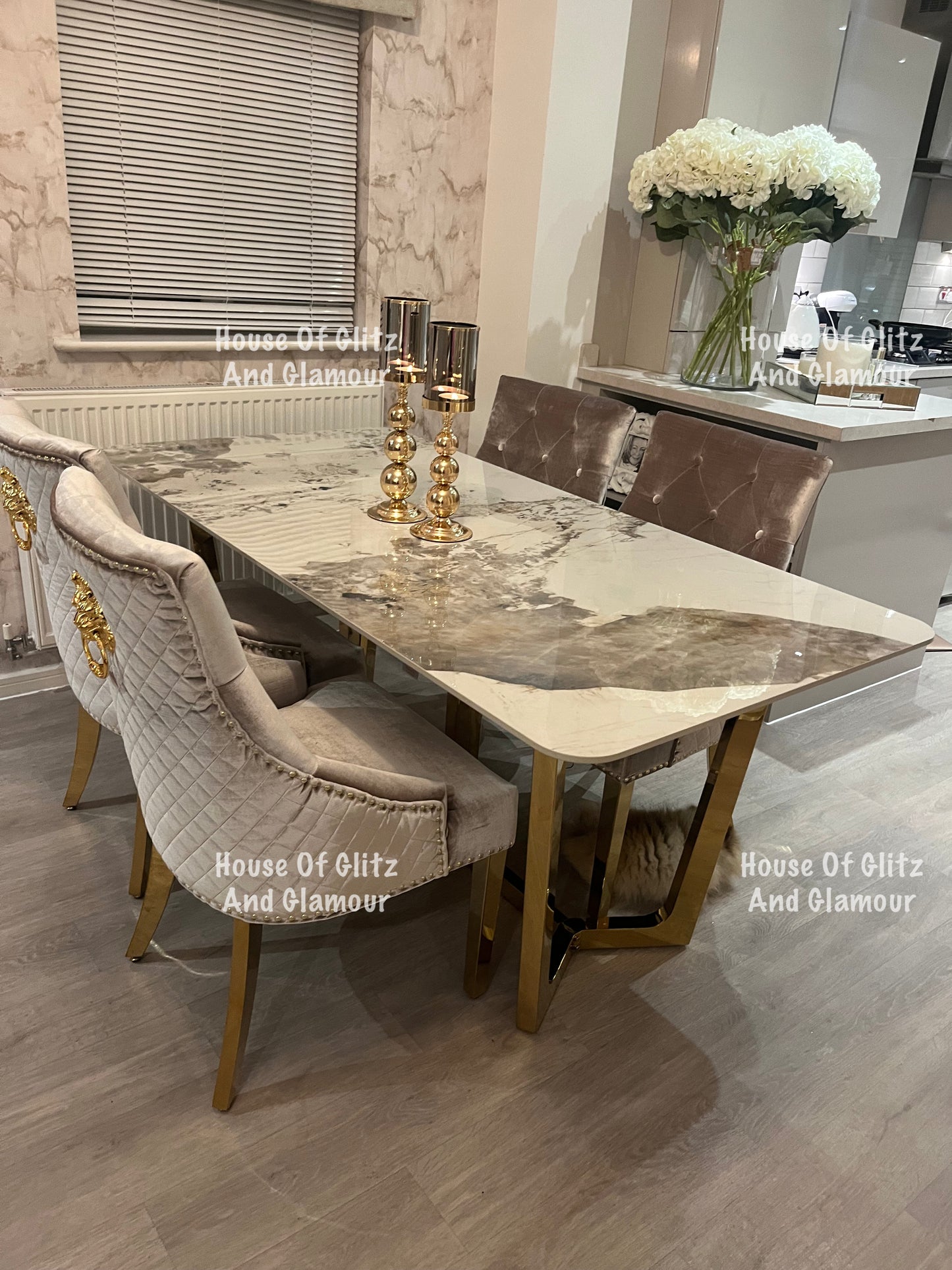 1.8 Dining Table + 4 Chelsea Champagne With Gold Legs Quilted Velvet Lion Head Knocker Back Dining Chairs