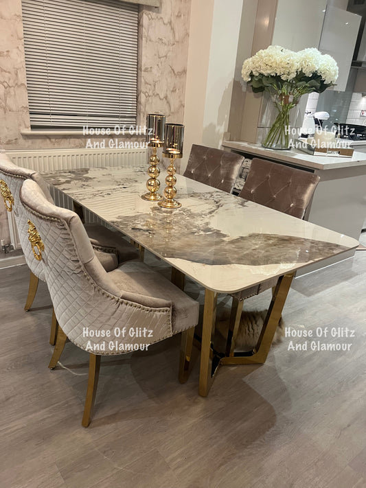 1.8 Dining Table + 4 Chelsea Champagne With Gold Legs Quilted Velvet Lion Head Knocker Back Dining Chairs