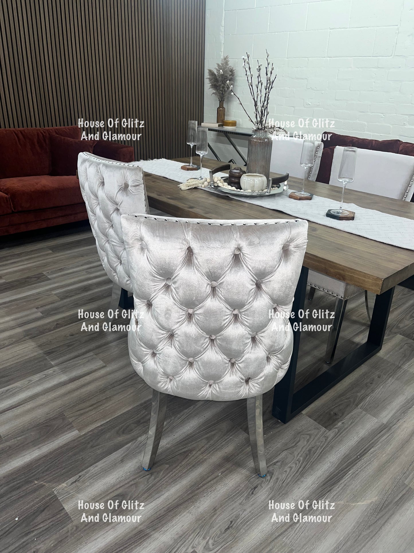 Bentley Champagne Velvet Studded Back Chrome Leg Dining Chair