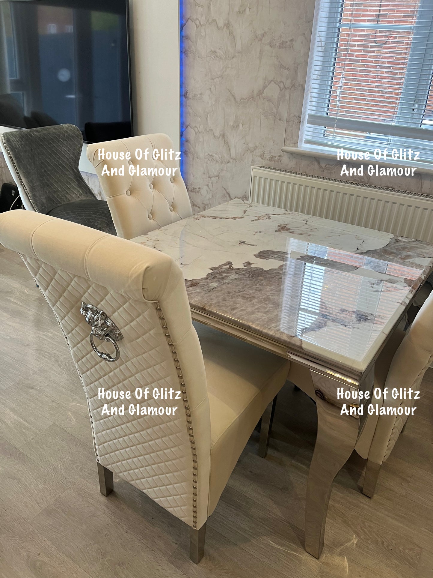 Louis Cream Pandora Marble Dining Table With Chrome Legs + 4 Cream Lou Lou Dining Chairs