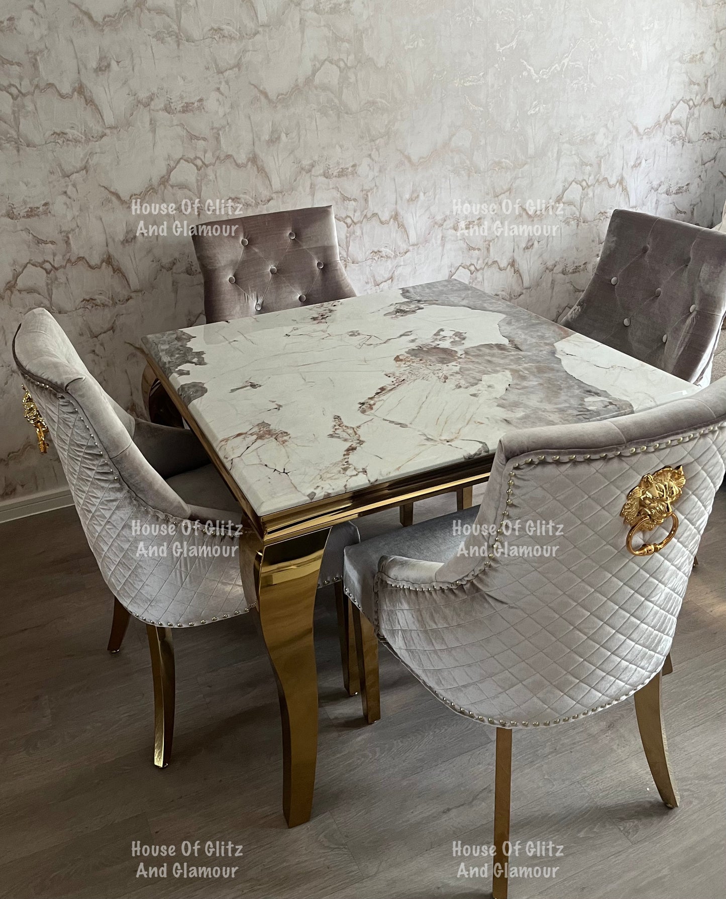 1m Dining Table + 4 Chelsea Champagne With Gold Legs Quilted Velvet Lion Head Knocker Back Dining Chairs