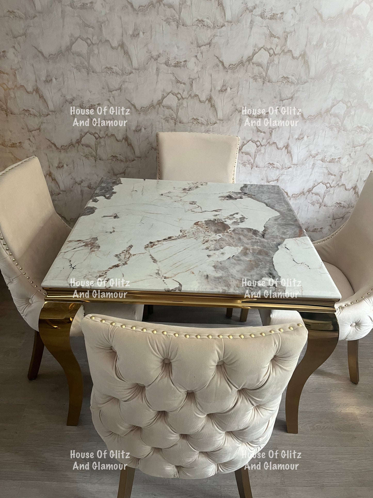 1m Pandora Dining Table + 4 Bentley Cream Velvet Studded Back Gold Leg Dining Chairs