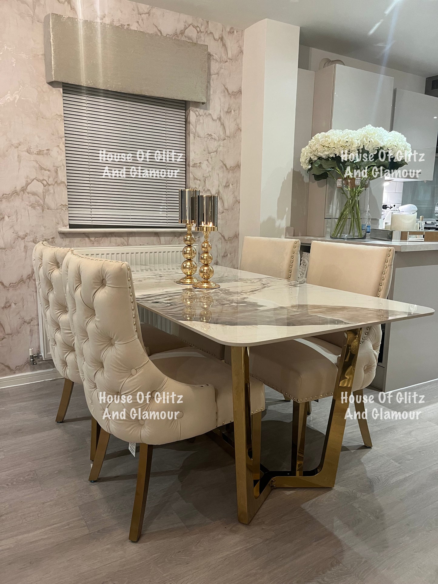 1.8 Pandora Dining Table + 4 Bentley Cream Velvet Studded Back Gold Leg Dining Chairs
