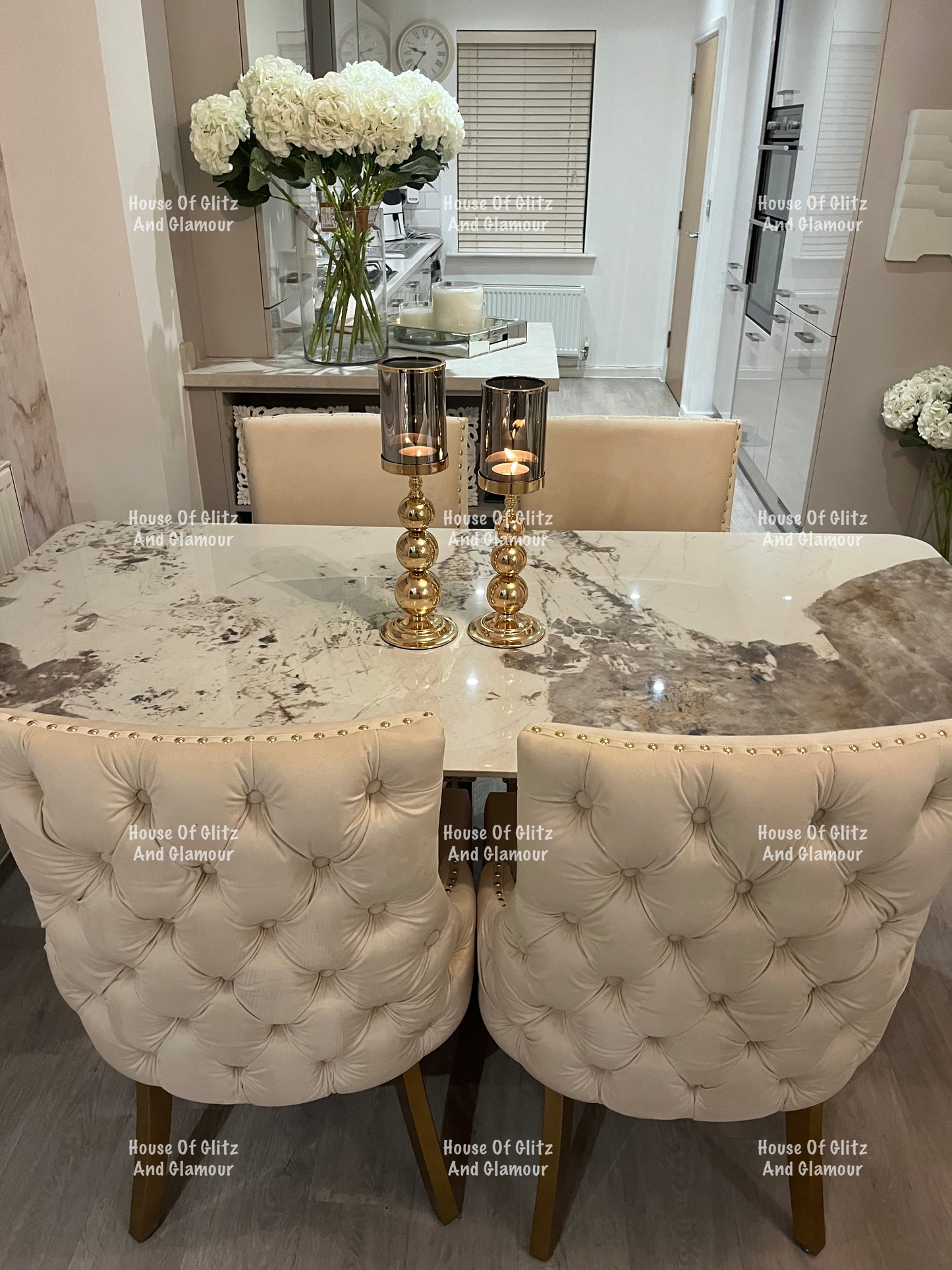 1.8 Pandora Dining Table + 4 Bentley Cream Velvet Studded Back Gold Leg Dining Chairs
