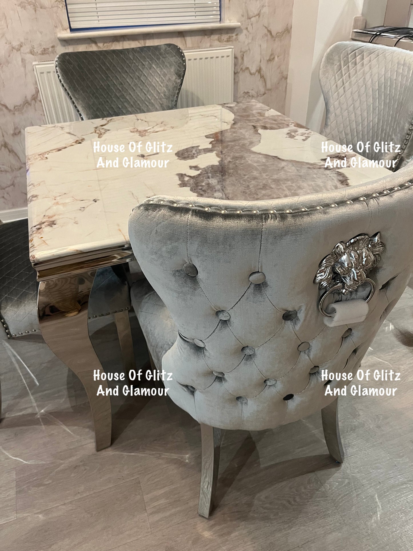 Louis Cream Pandora Marble Dining Table With Chrome Legs + 4 Silver Valentina Dining Chairs