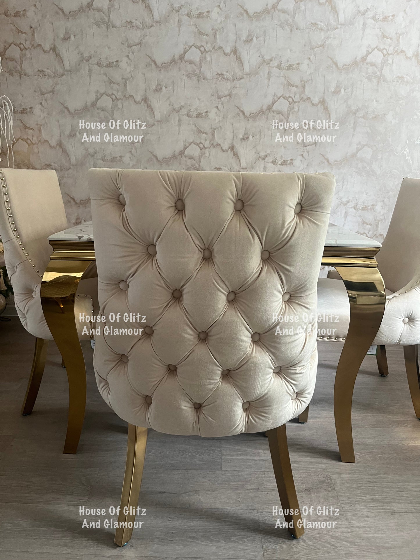 1m Pandora Dining Table + 4 Bentley Cream Velvet Studded Back Gold Leg Dining Chairs