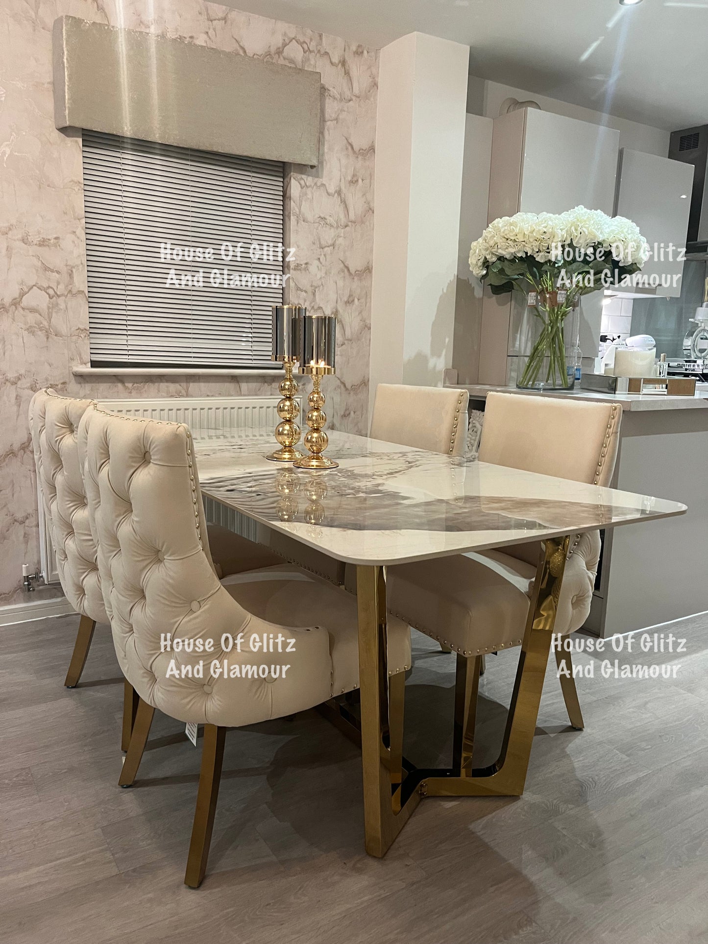 1.8 Pandora Dining Table + 4 Bentley Cream Velvet Studded Back Gold Leg Dining Chairs