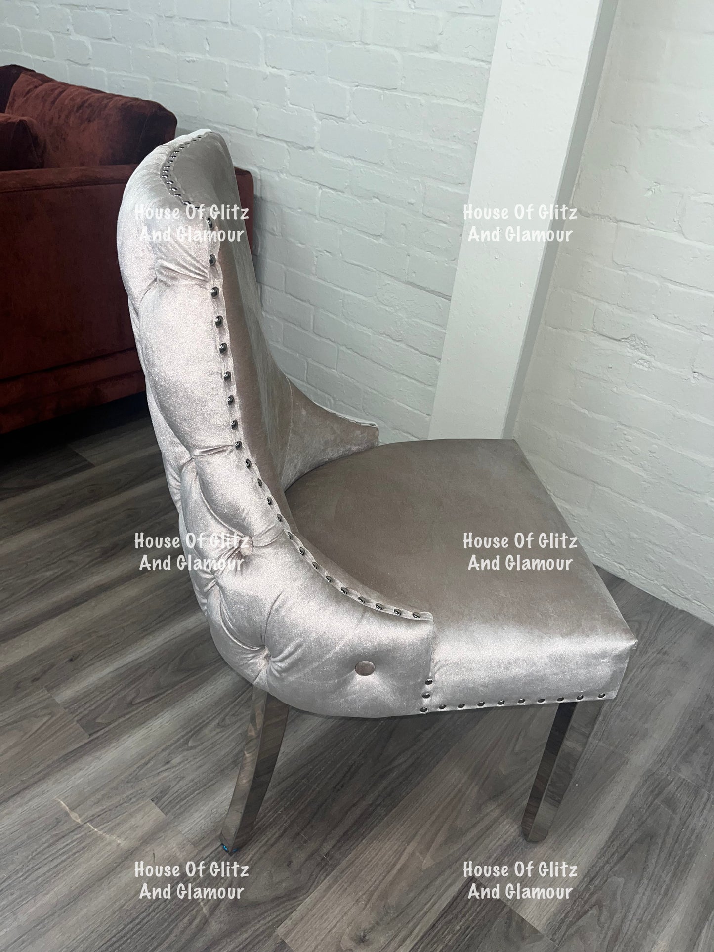 Bentley Champagne Velvet Studded Back Chrome Leg Dining Chair