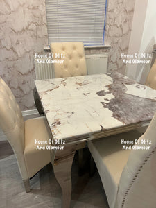Louis Cream Pandora Marble Dining Table With Chrome Legs + 4 Cream Lou Lou Dining Chairs