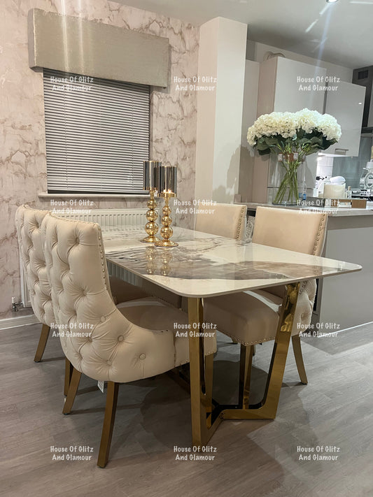1.8 Pandora Dining Table + 4 Bentley Cream Velvet Studded Back Gold Leg Dining Chairs