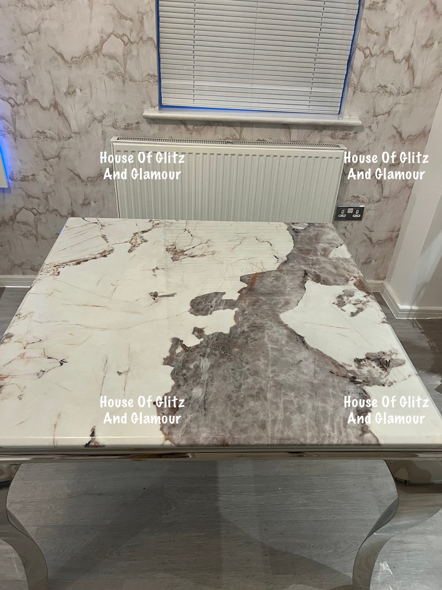 Louis Cream Pandora Marble Dining Table With Chrome Legs + 4 Silver Valentina Dining Chairs