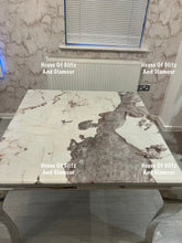 Load image into Gallery viewer, Louis Cream Pandora Marble Dining Table With Chrome Legs + 4 Silver Valentina Dining Chairs