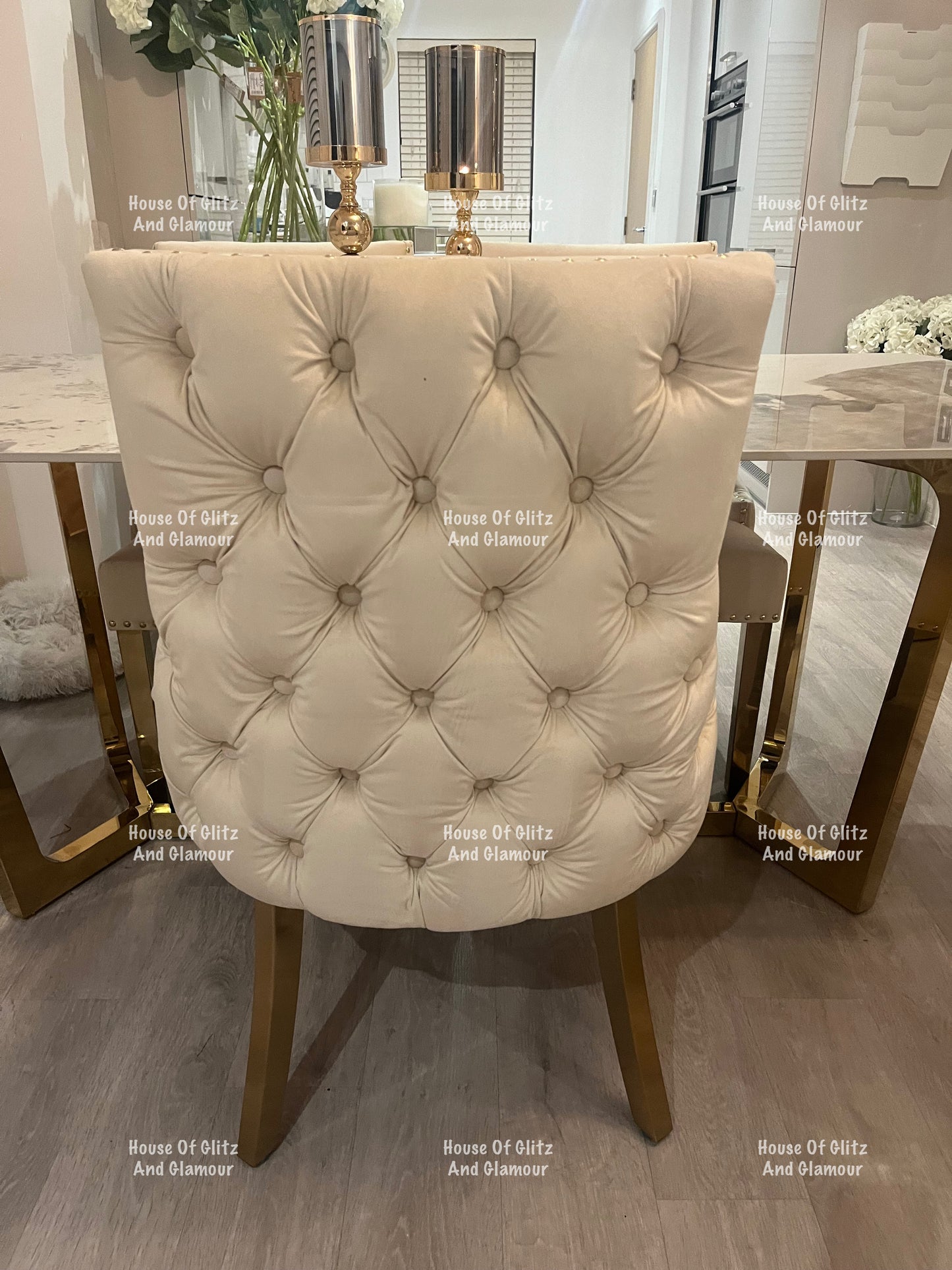 1.8 Pandora Dining Table + 4 Bentley Cream Velvet Studded Back Gold Leg Dining Chairs