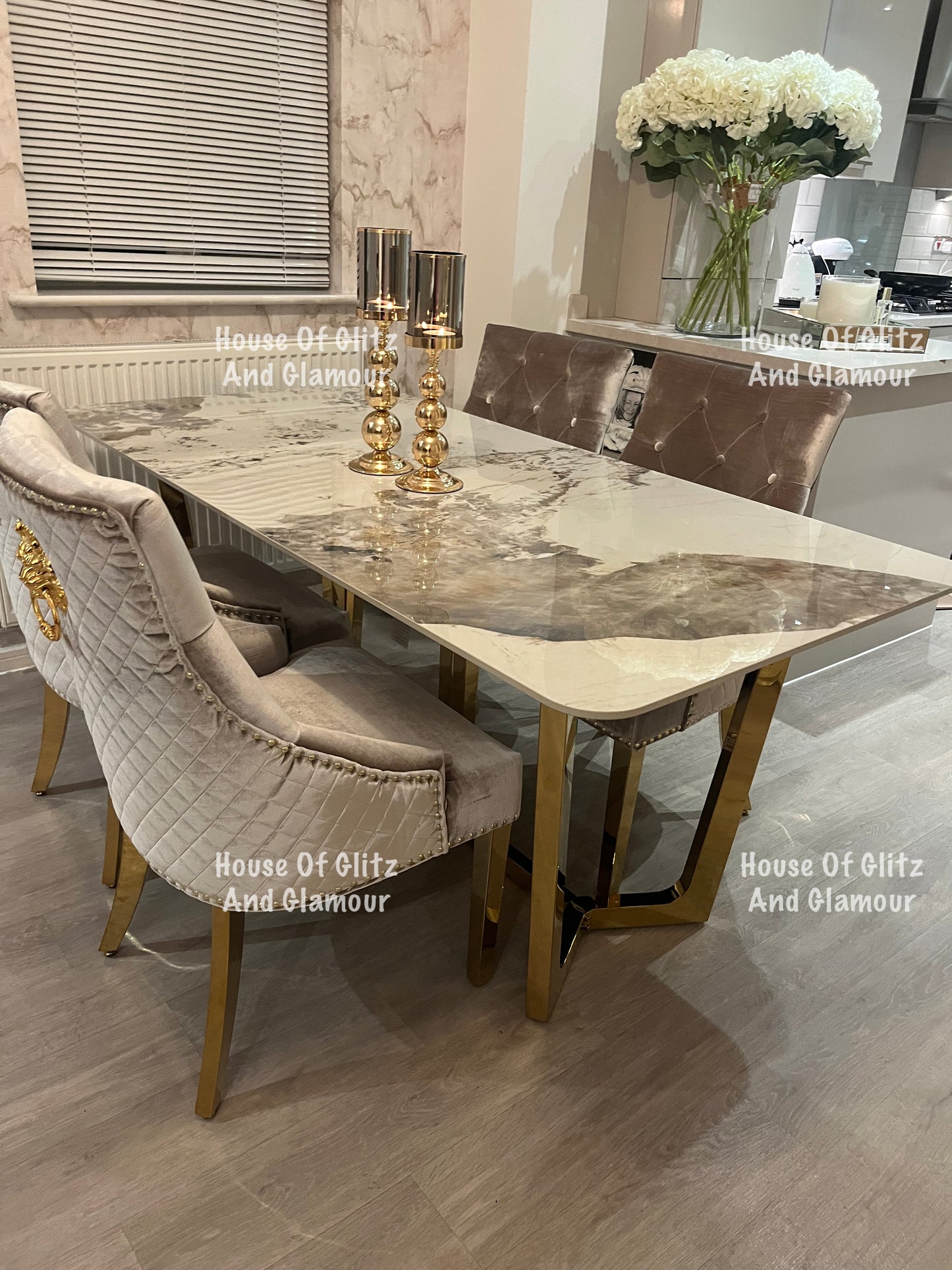 1.8 Dining Table + 4 Chelsea Champagne With Gold Legs Quilted Velvet Lion Head Knocker Back Dining Chairs