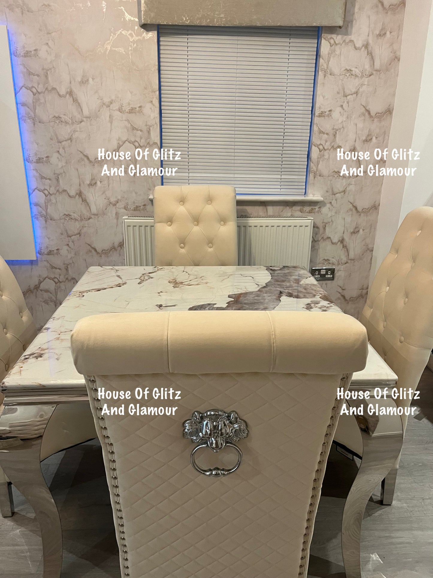 Louis Cream Pandora Marble Dining Table With Chrome Legs + 4 Cream Lou Lou Dining Chairs