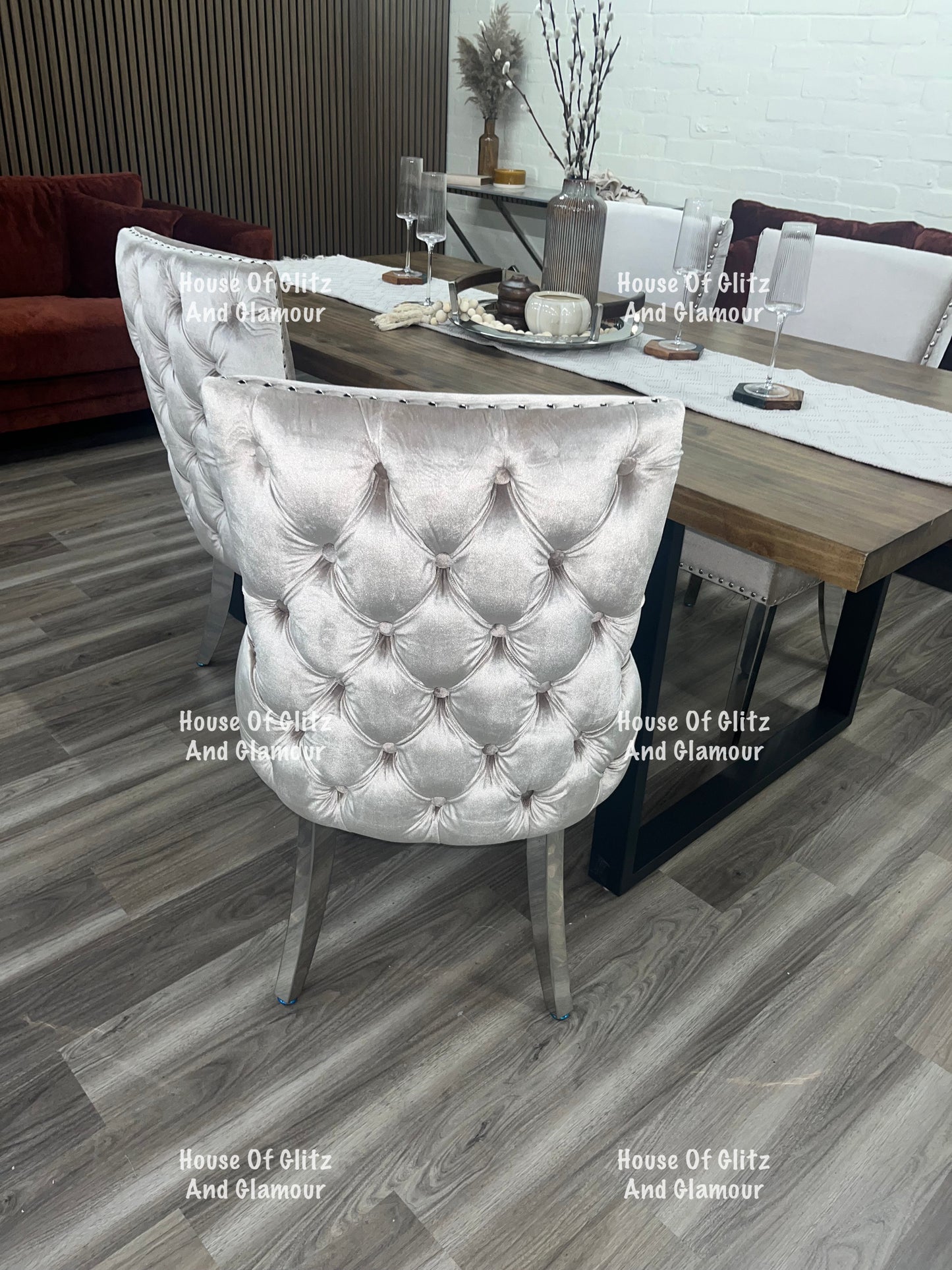 Bentley Champagne Velvet Studded Back Chrome Leg Dining Chair