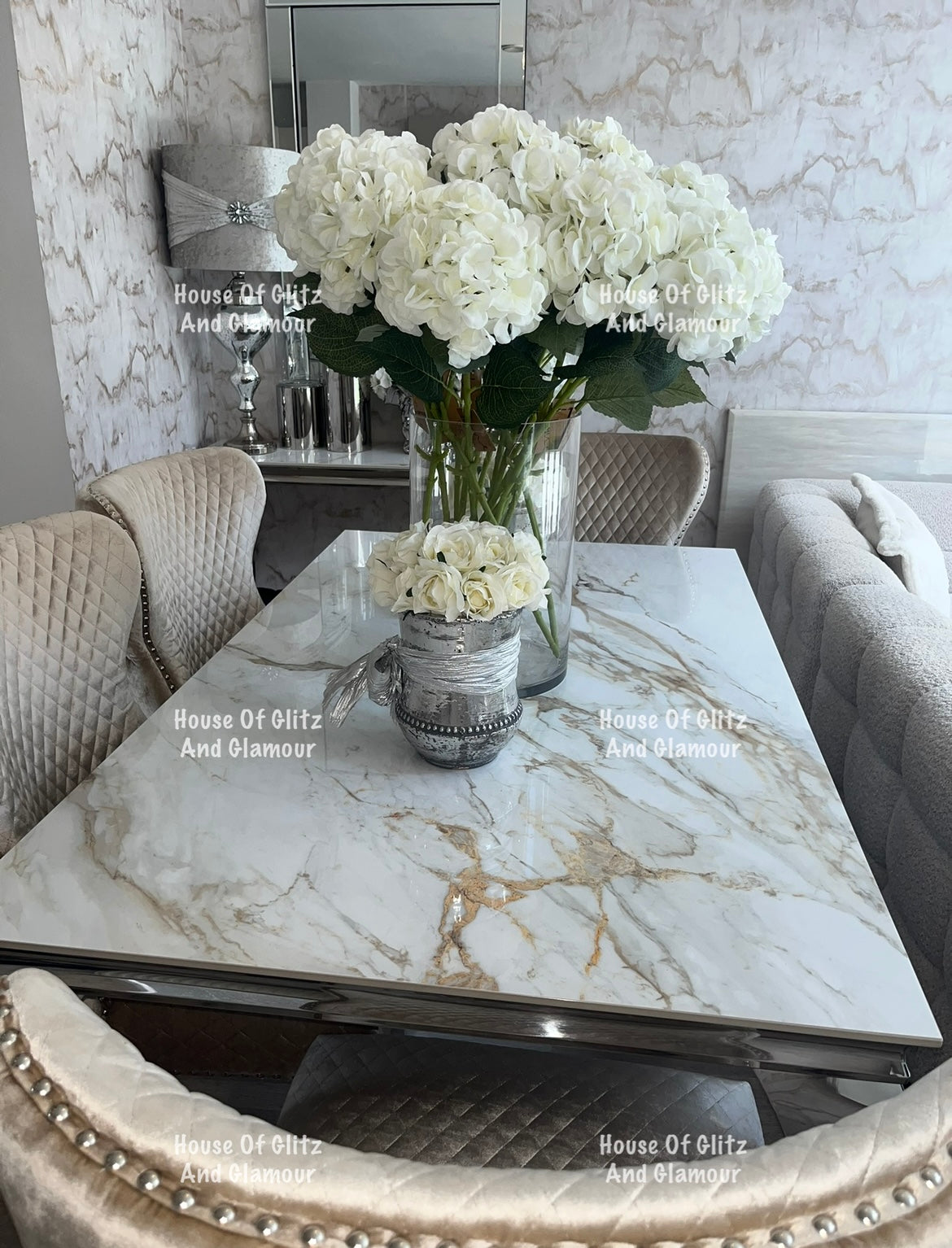 Louis Kata Gold Ceramic & Chrome Dining Table