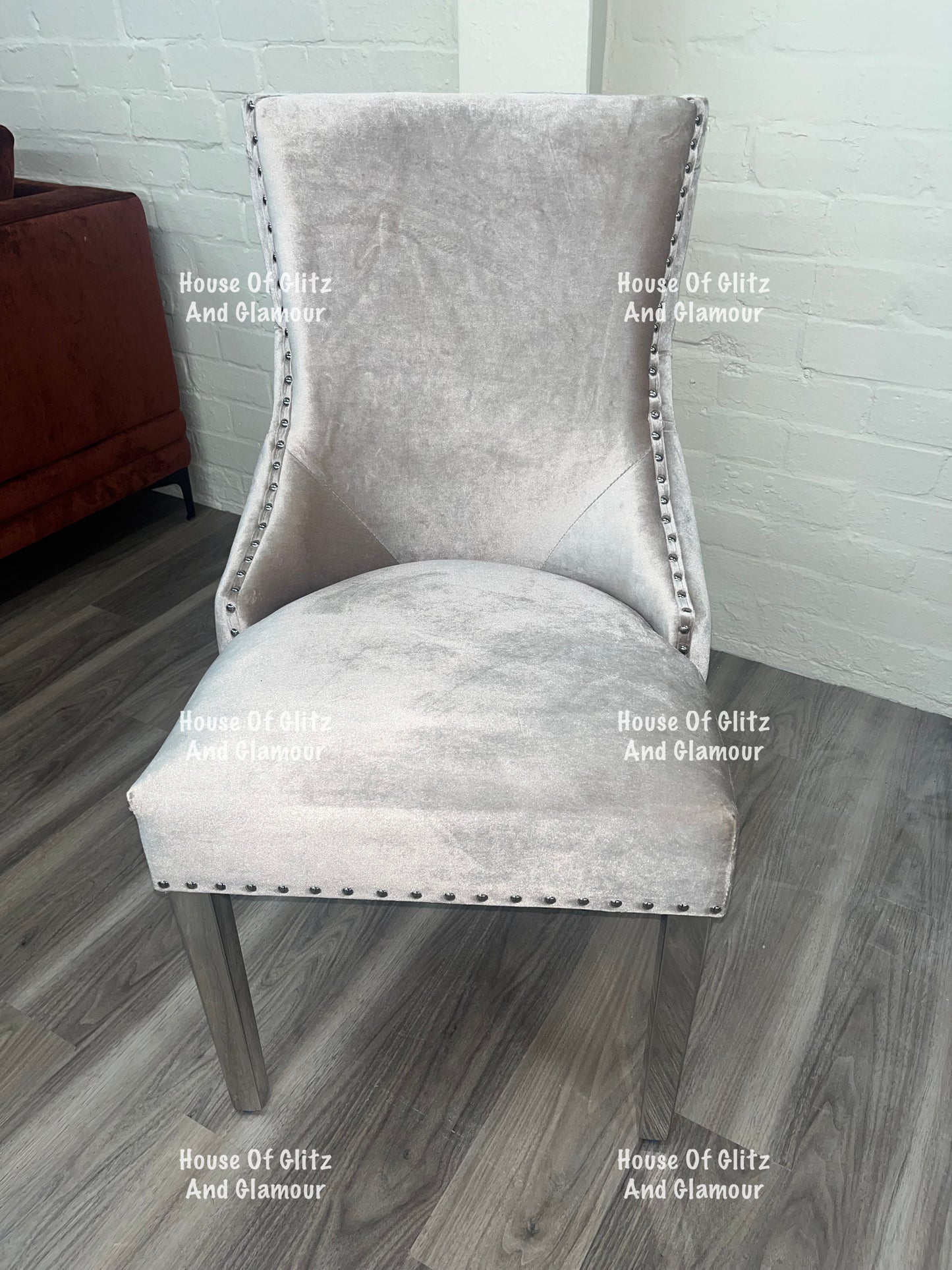Bentley Champagne Velvet Studded Back Chrome Leg Dining Chair