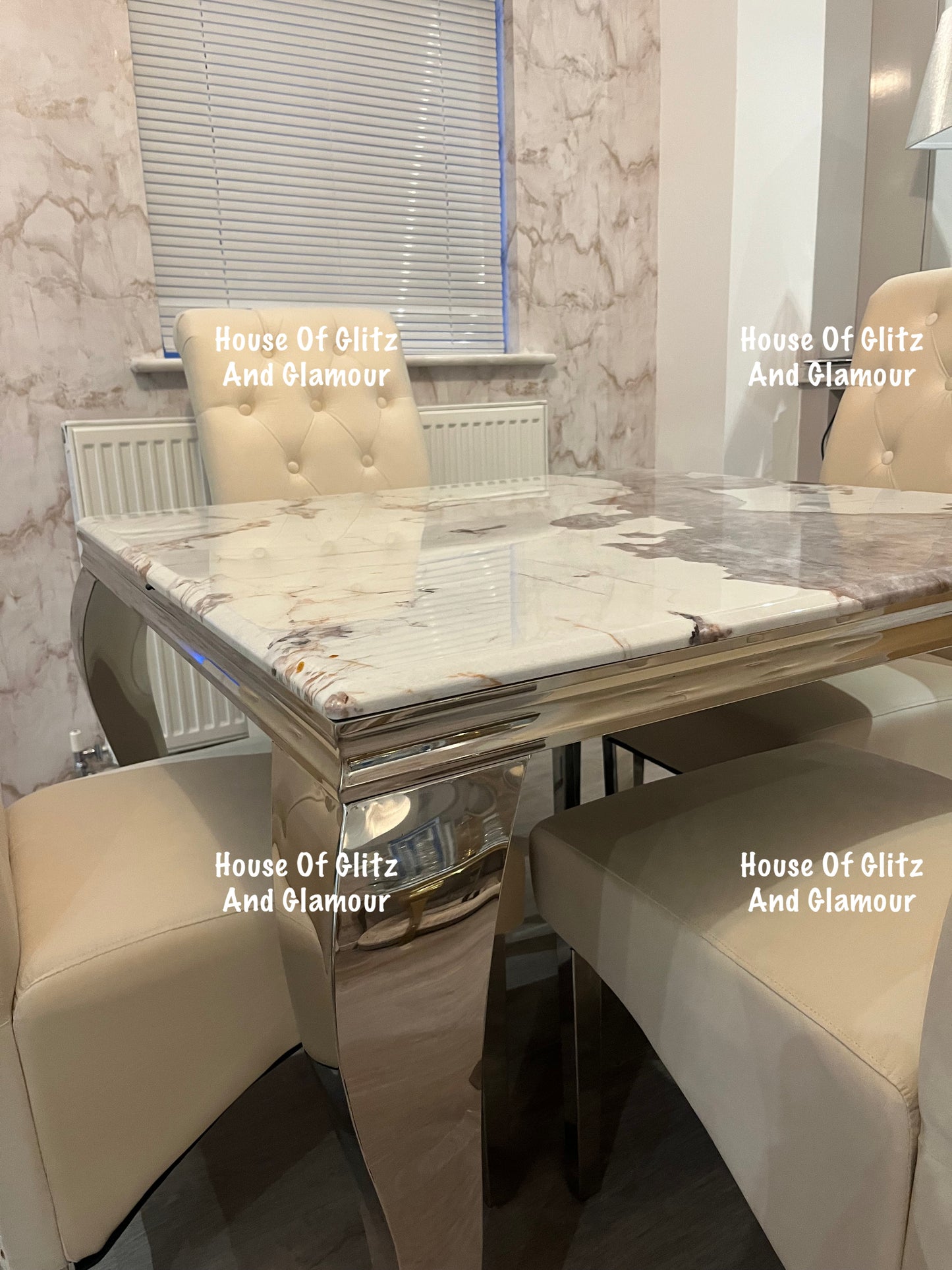 Louis Cream Pandora Marble Dining Table With Chrome Legs + 4 Cream Lou Lou Dining Chairs