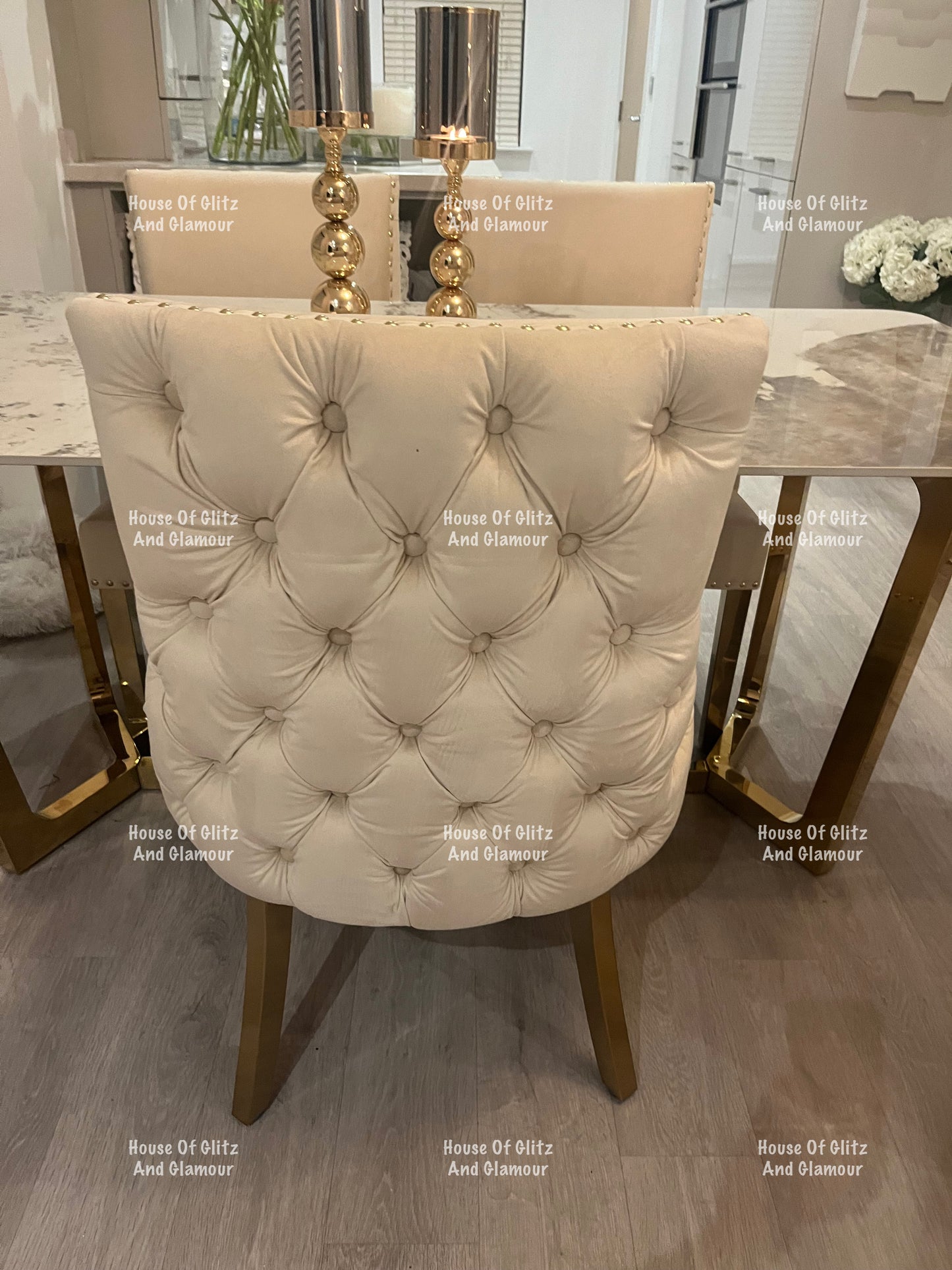 1.8 Pandora Dining Table + 4 Bentley Cream Velvet Studded Back Gold Leg Dining Chairs