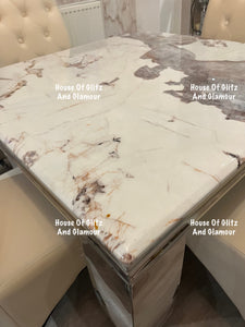 Louis Cream Dining Table With Chrome Legs And Pandora Marble Top