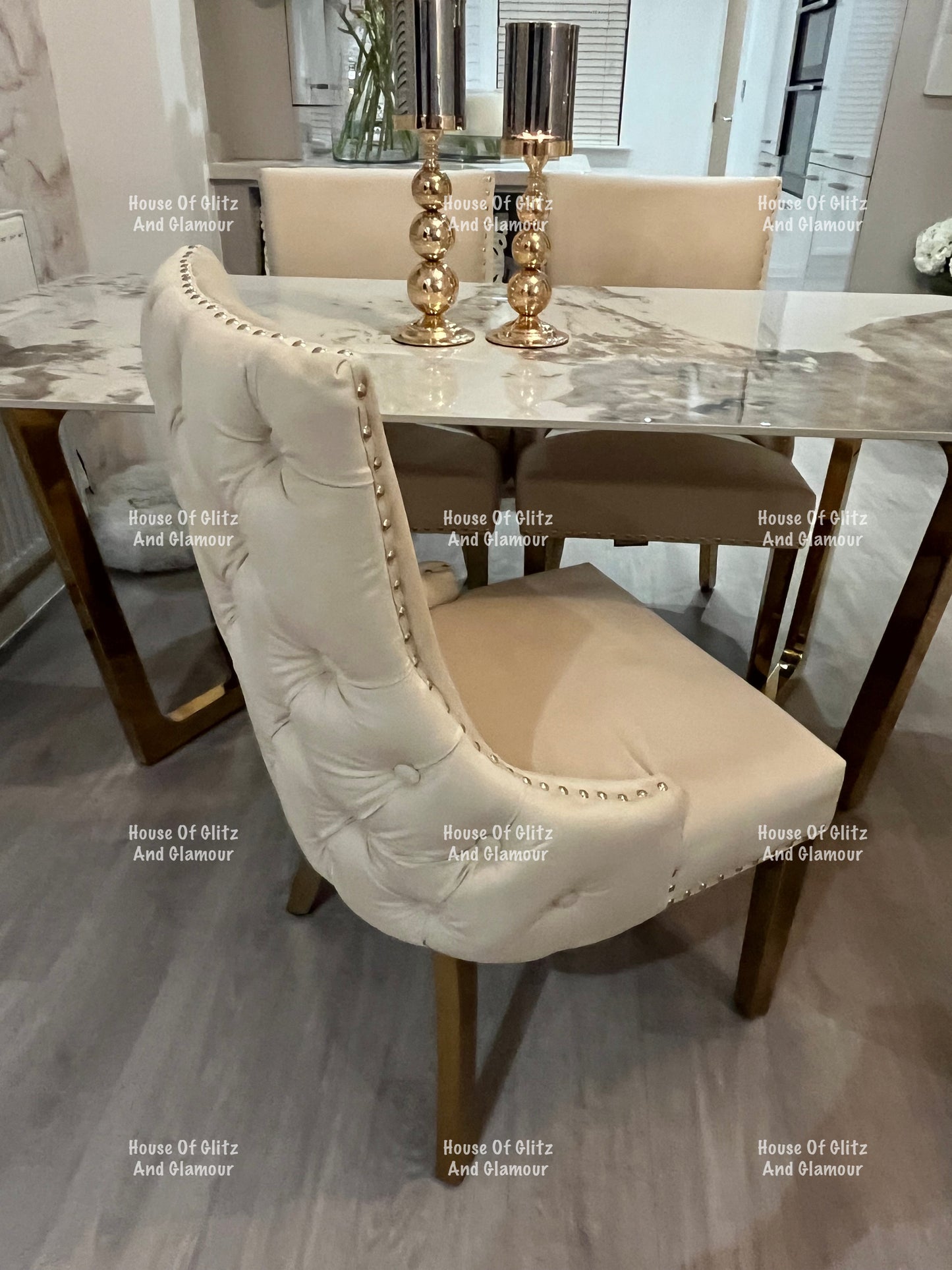 1.8 Pandora Dining Table + 4 Bentley Cream Velvet Studded Back Gold Leg Dining Chairs