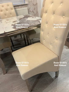 Louis Cream Pandora Marble Dining Table With Chrome Legs + 4 Cream Lou Lou Dining Chairs