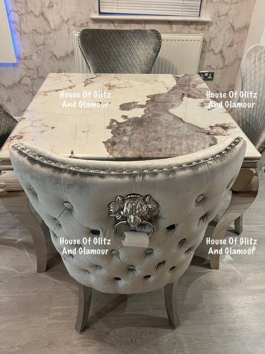 Louis Cream Pandora Marble Dining Table With Chrome Legs + 4 Silver Valentina Dining Chairs