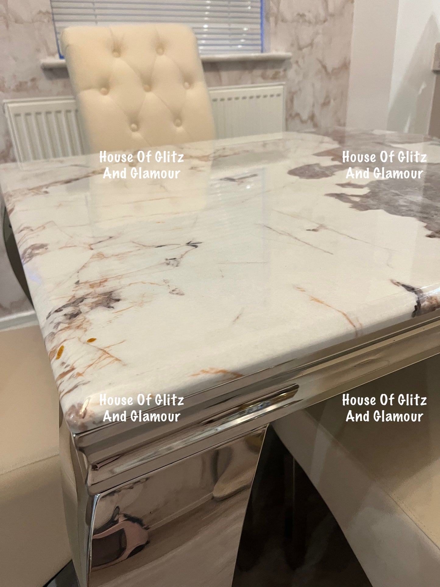 Louis Cream Pandora Marble Dining Table With Chrome Legs + 4 Cream Lou Lou Dining Chairs