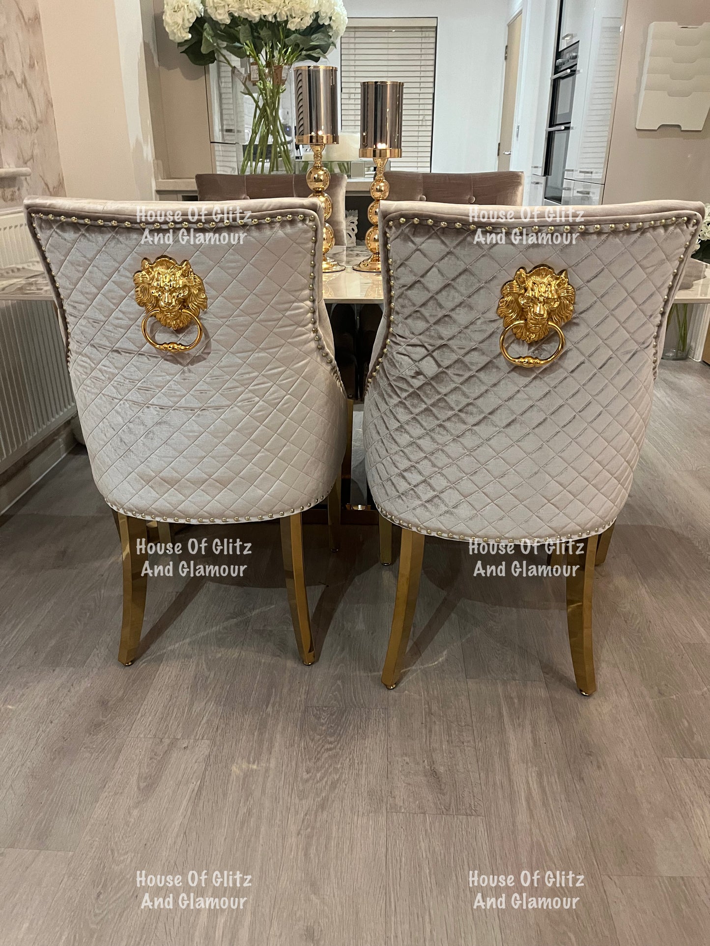 1.8 Dining Table + 4 Chelsea Champagne With Gold Legs Quilted Velvet Lion Head Knocker Back Dining Chairs